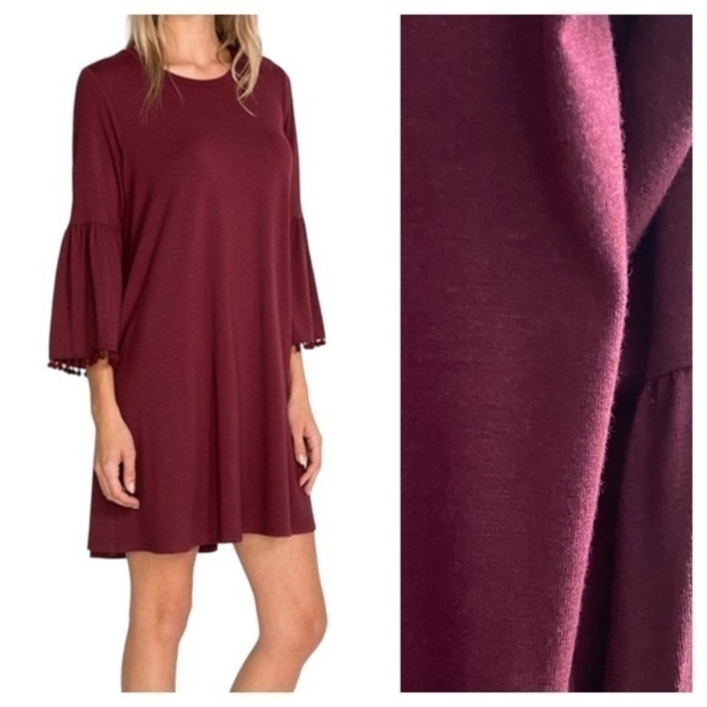 Johnny Was Calme Burgundy Red Flute Sleeve Pom Pom Swing Dress Small